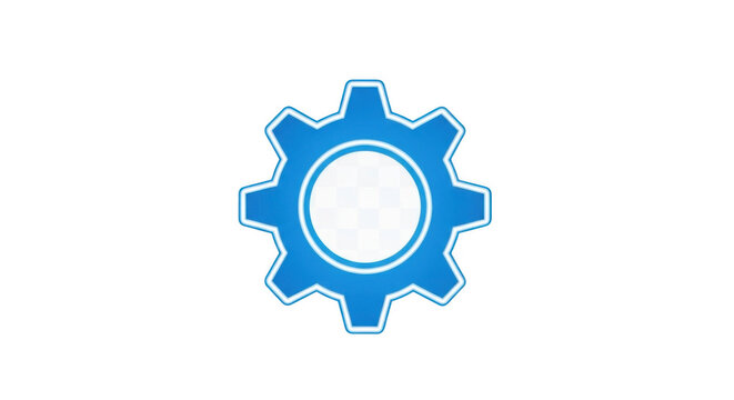 A blue gear with a white circular center and a glowing light blue outline, isolated on a solid black background