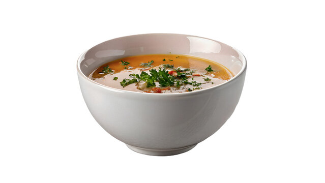 White ceramic bowl filled with fresh hot asian noodle soup or vegetable ramen for dining on transparent background