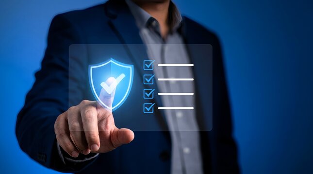 Professional man touches a digital shield icon with checkmarks representing security protocols and data protection