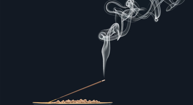 Burning aromatic incense stick placed on a wooden burner with small pebbles, thin white smoke rising in decorative swirls and curves against a dark charcoal minimalist background.