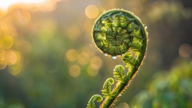 unfurling. A silver fern frond unfurls at dawn with morning dew on its spiral. gardening catalogs, home-decor guides, designed for gardening and botanical catalogs, promotes healthy living.