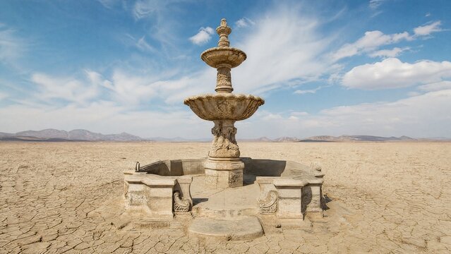 waterless. Dry, ornate stone fountain in a vast desert surrounded by cracked earth. travel magazines, destination branding, designed for outdoor magazines and nature guides.