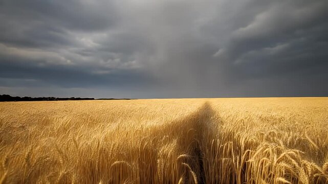 Expansive golden wheat field under a dramatic, cloudy sky, with a visible path leading towards distant rain, highlighting the powerful forces of nature and agricultural prosperity