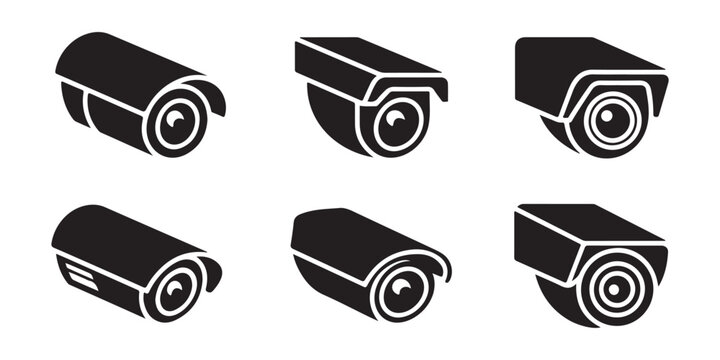 Professional surveillance camera icons set isolated on transparent background for security monitoring systems.