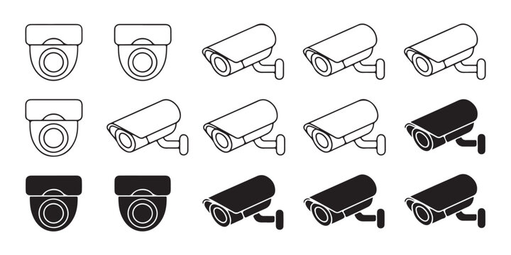 Collection of surveillance camera icons isolated on transparent background for security and safety monitoring.