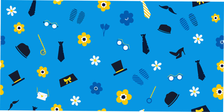 Floral pattern with hats ties and eyewear on a blue background