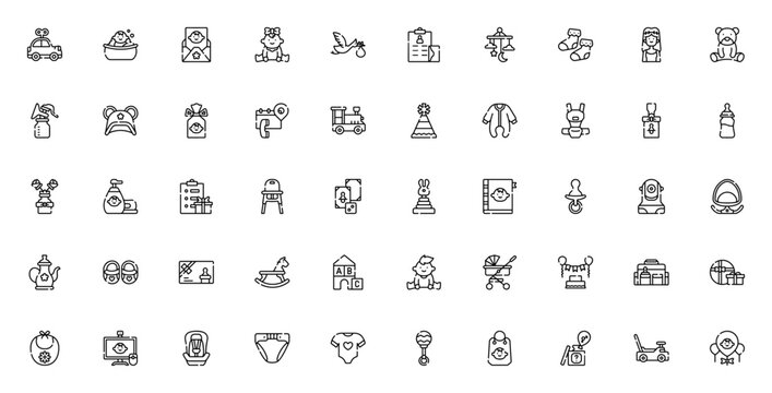 Baby shower icon set. Minimalist vector icons pack. Vector illustration. Featuring car toy, baby bath tub, invitation, baby girl, stork, guest list, hanging toys, baby socks, bear, breast pump and mor