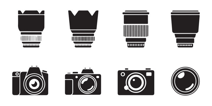Collection of camera lens and digital photo camera icons isolated on transparent background for photography.