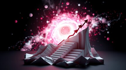 Obraz premium Abstract steps ascend toward glowing nebula. Represents growth, progress, success, future possibilities. Minimalist design, dark background.