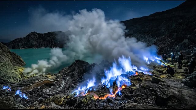 Glowing blue sulfur flames burning on volcanic rock surface.