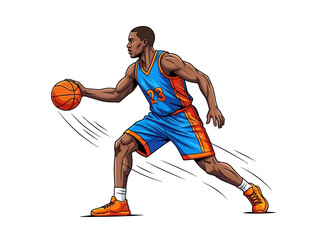 Naklejka premium Athletic basketball player dribbling ball with intense focus.