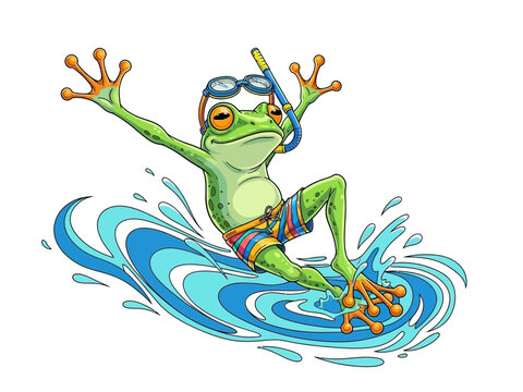 Cartoon frog surfing on a wave wearing snorkel and goggles.