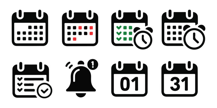 Various calendar icons representing dates, scheduled events, reminders and notifications with alarm bell.