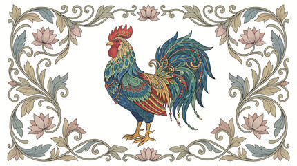 A cartoon vector illustration of a domestic farm bird, featuring a rooster on a white background, a cockerel on the wall, and a hen in the garden with beautiful feathers © Makarya