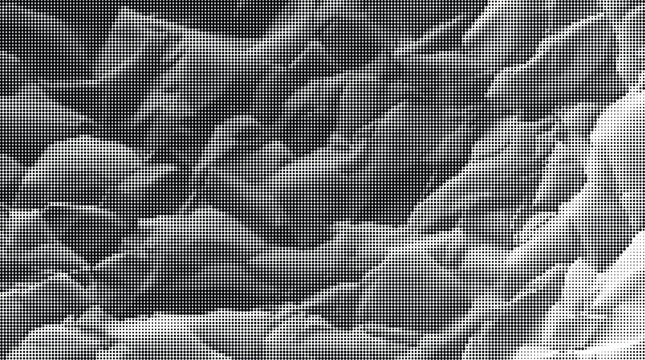 A gray-scale image showcases rugged, crumpled surfaces on a neutral background with sharp, defined folds and creases.