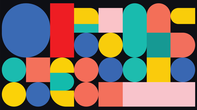Geometric pattern of circles and rectangles on dark background.