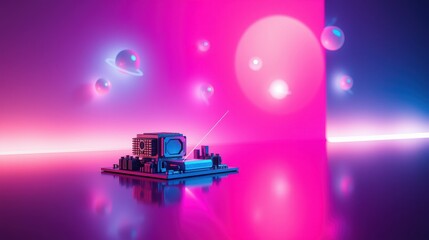 Obraz premium Futuristic circuit board floats amid vibrant pink, blue hues. Spheres orbit, creating surreal digital landscape. Reflections enhance depth.
