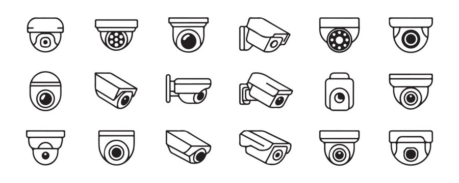 Comprehensive collection of security surveillance camera outline icons for safety monitoring system designs.