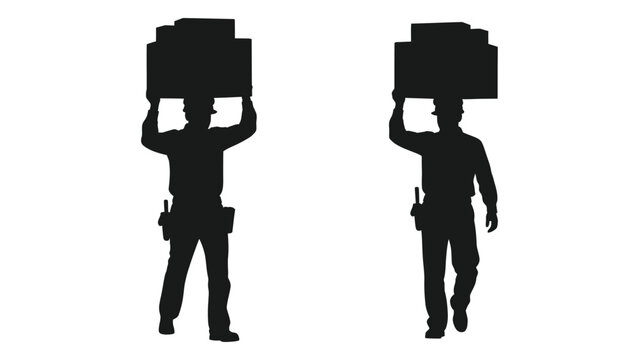 Silhouette of two people carrying rectangular objects above their heads black and white