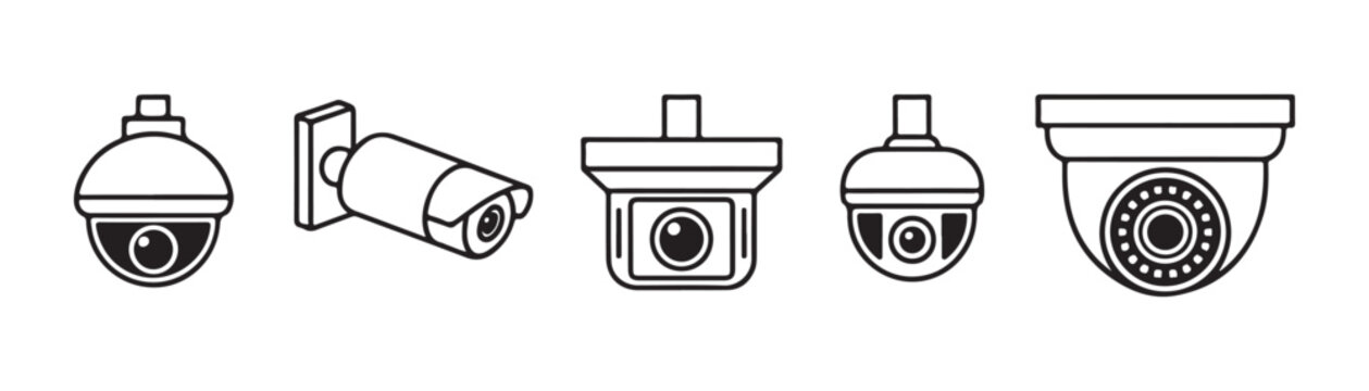 Set of security camera outlines on transparent background for surveillance and monitoring systems.