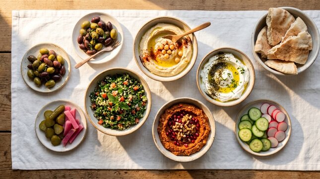 Top view Lebanese mezze assortment with warm light and white linen