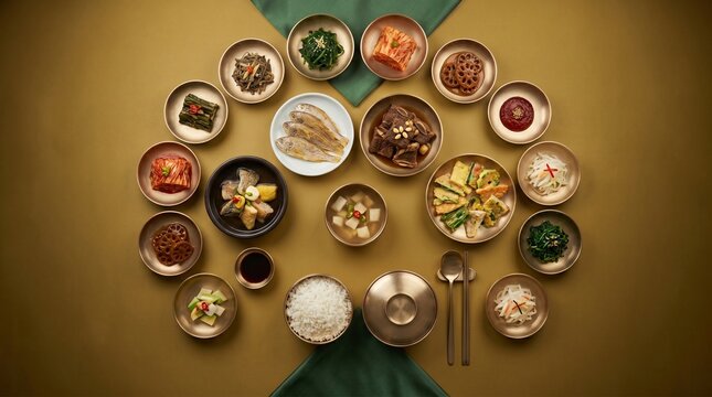 Royal Korean banquet meal with brassware and ceremonial dish layout