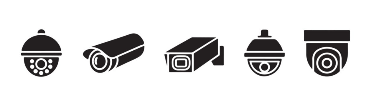 Group of security camera icons in solid silhouette style for monitoring and protection applications.