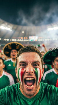 Passionate Mexican football fan screaming at stadium with tricolor face paint