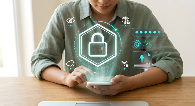 Person using smartphone with padlock for mobile security privacy protection password authentication fingerprint and secure data access concept