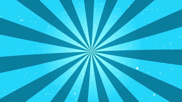 4k resolution abstract sunburst retro background animation with rotating blue and cyan rays, looping pop art comic style motion graphic with floating white particle dust