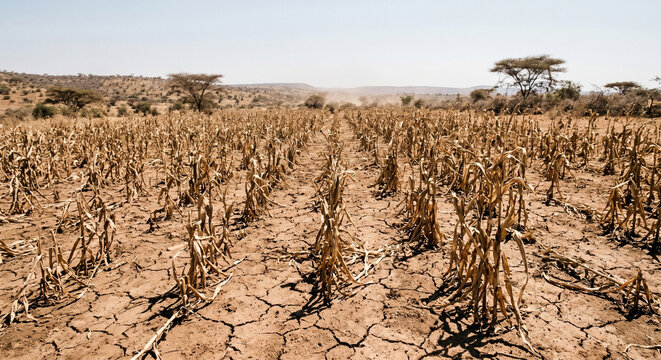 Dried and dead corn crops in a cracked earth field under a hot sun. Concept of climate change, global warming, severe drought, famine and environmental crisis.