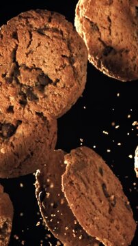 Oatmeal cookies fly up and fall down. Filmed on a high-speed camera at 1000 fps. High quality FullHD footage