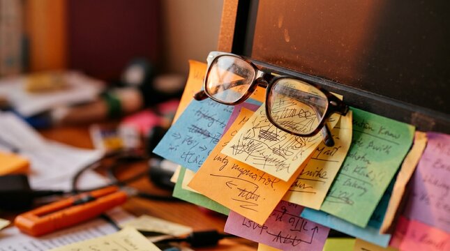 Eyeglasses resting on colorful sticky notes stuck to a computer monitor in a busy office.