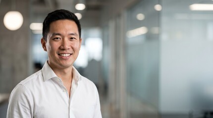 Obraz premium Smiling Asian businessman in white shirt standing in modern corporate office.