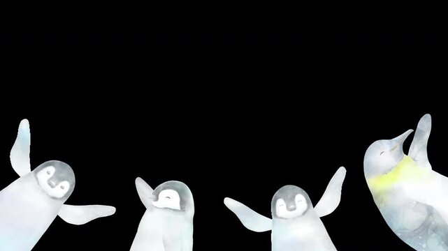 ペンギン家族が一羽ずつ登場して手を振る水彩風フレーム。中央部に文字スペースのある可愛くて楽しい背景透過アニメーション。