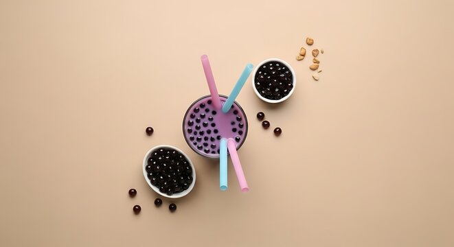 Boba tea with colorful straws and boba.