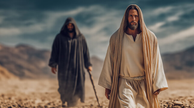 Jesus being tempted in the desert by Satan, biblical scene of spiritual struggle, faith, and resilience, dramatic and tense atmosphere