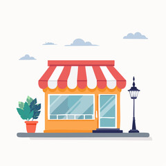 Obraz premium Cartoon Storefront with Awning and Street Lamp