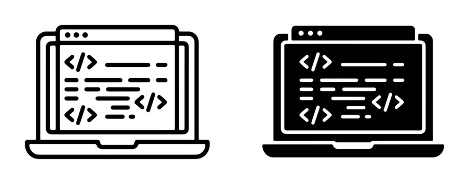 Coding Icons, Laptop Screen with Code Snippets, Programming Symbols, Software Development, Web Design, Digital Technology, Computer Science, Data Processing, Binary Code, Scripting
