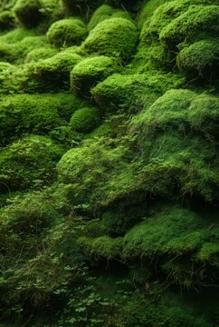 Lush green moss texture covering stones in mystical forest close up macro of soft bryophyte organic nature background for wellness spa and eco friendly brand identity design