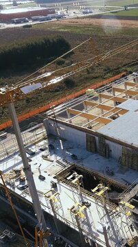 Warehouse construction process drone aerial view