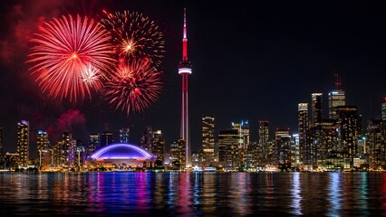 Naklejka premium Toronto CN Tower and Skyline with Canada Day Fireworks at Night
