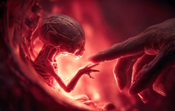 Artistic 3D visualization of a developing embryo touching a human finger within a red glowing uterus. Concept of new life, pregnancy, and the miracle of birth.