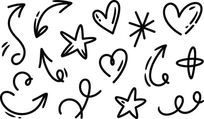 Fototapeta premium Collection of hand-drawn doodles arrows hearts stars vector illustration with collection, decoration
