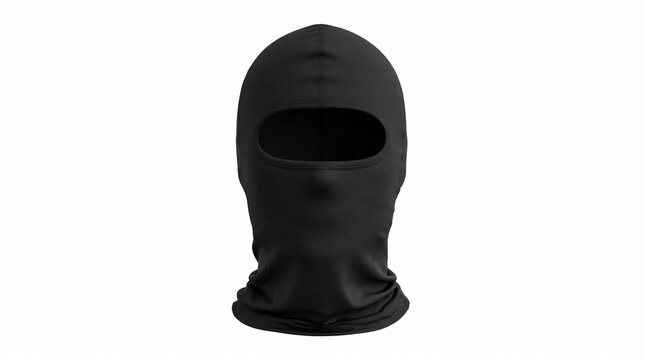A plain black balaclava ski mask with a single eye opening is positioned centrally against a stark, solid white background.