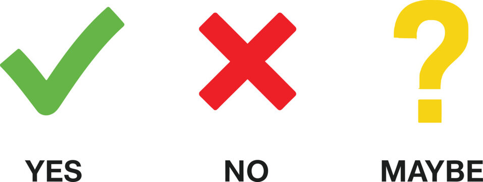 Check mark cross sign and question mark icons with yes no and maybe labels Vector