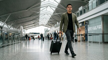 Fototapeta premium Young man in blazer walking with rolling suitcase through modern airport terminal.