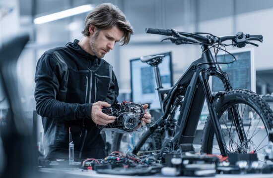 Young man working on an electric bicycle with digital components in a modern workshop setting