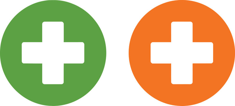 Green and orange circle icons with white medical plus signs for health and safety design Vector