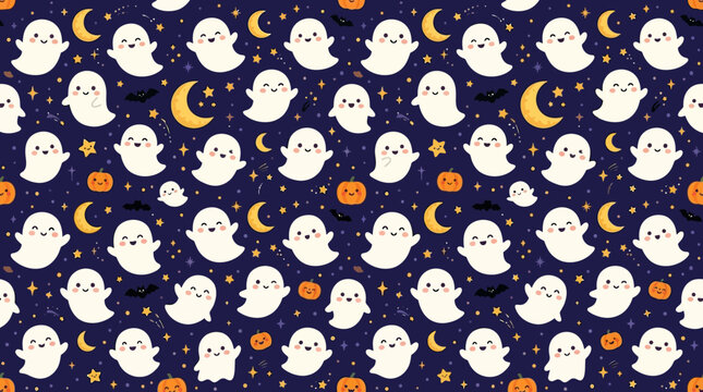 Flat vector cute ghost seamless pattern, smiling ghosts, stars and moons, playful Halloween illustration